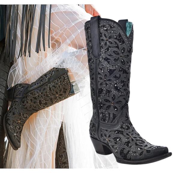 Corral Black Glitter Inlay Floral Crustal Stud Cowbot Boot Size 11M - Picture 1 of 16